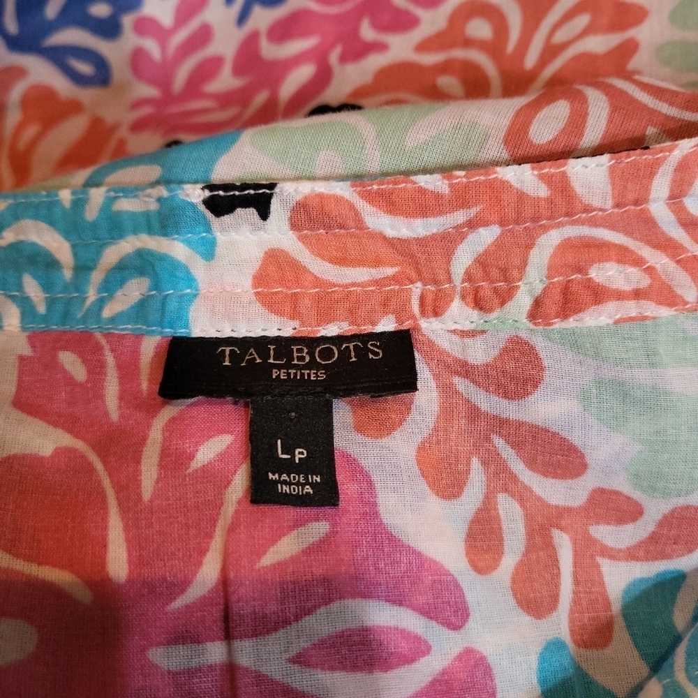 Talbots Petites Pink Blue Floral Print Top Cotton Breezy Popover Tunic Size LP - Picture 4 of 5